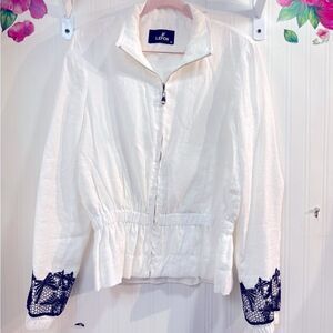 JF LEFON‎ White Jacket with Black Lace Accents Sz 38